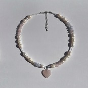 ［ ローズクォーツ ］淡水パール×天然石　ハートチャームネックレス ［GSN046］