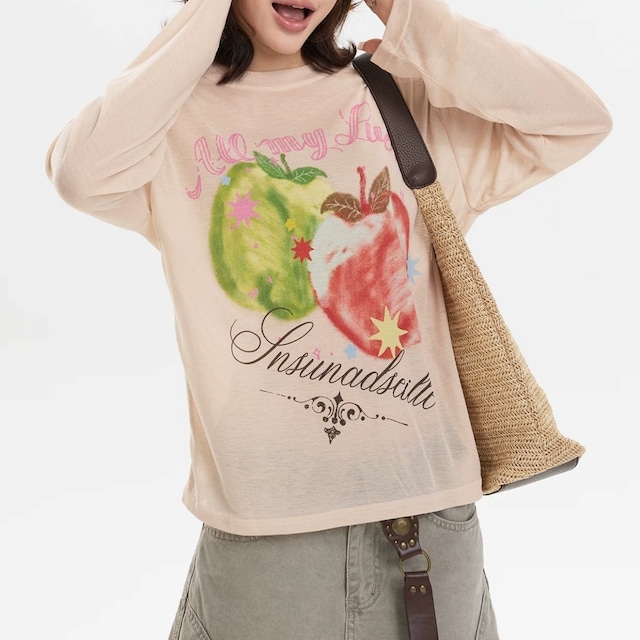 アップルモチーフシアーロングスリーブTシャツ 2col R02546
