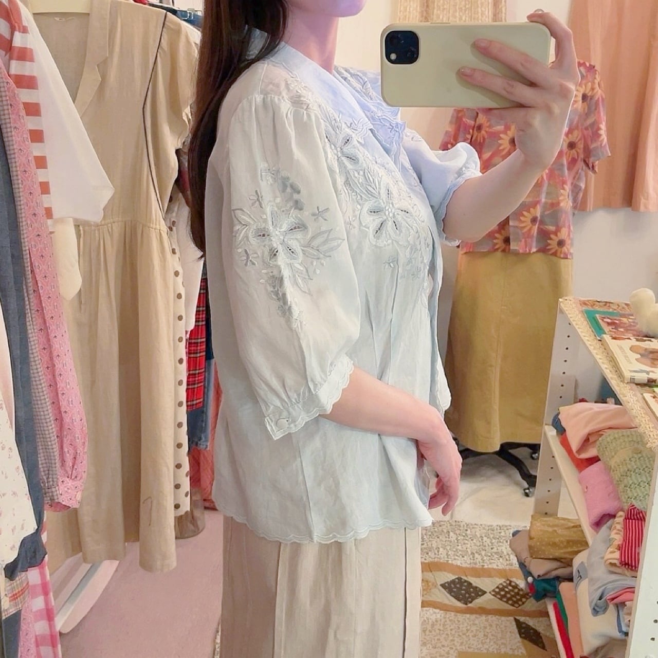 light blue flower embroidery blouse