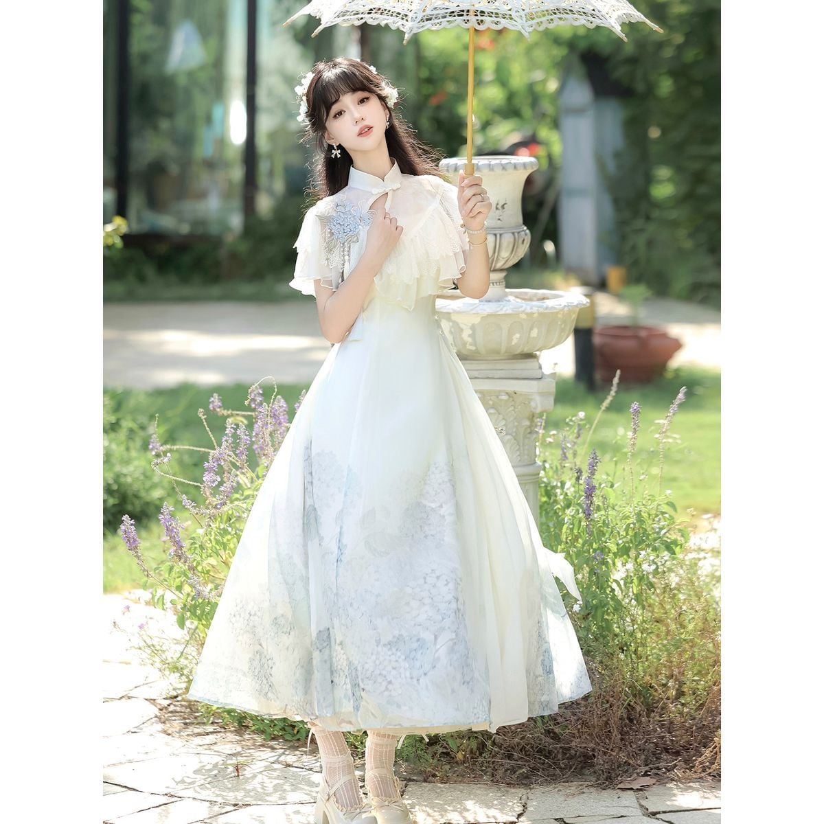 フリル付きホワイトロングドレス 月白紫陽花フリルロングドレス | Maiden's Rêve