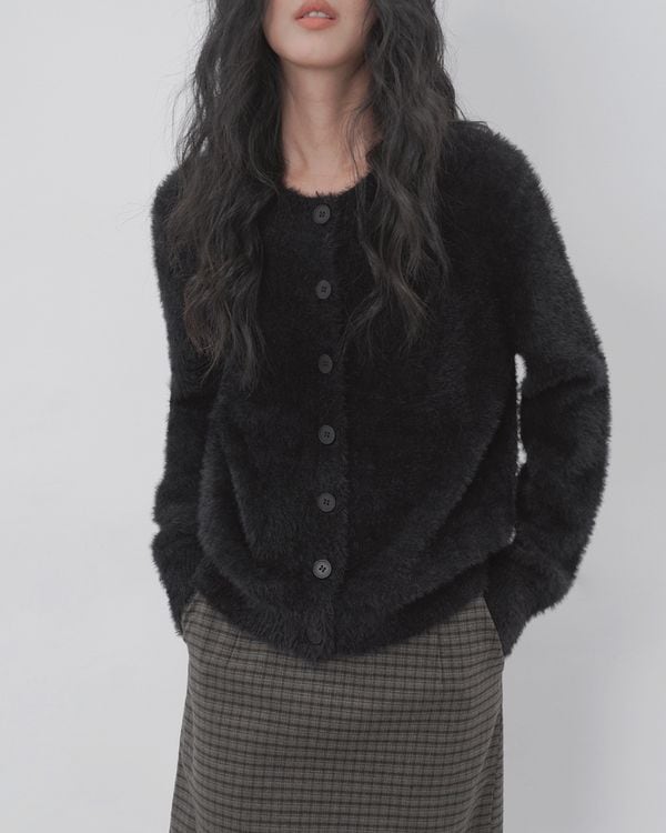 Round neck faux fur cardigan TH3660