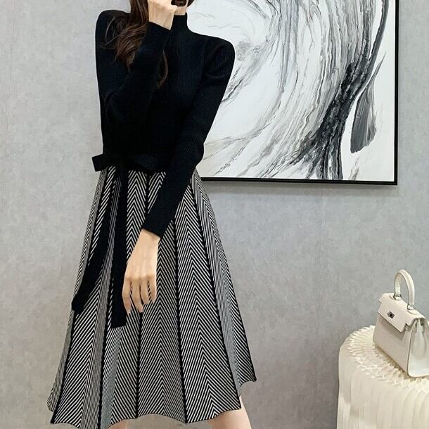 切り替えニットワンピース リボン付き ３色 Hz1 299 86 Clothing