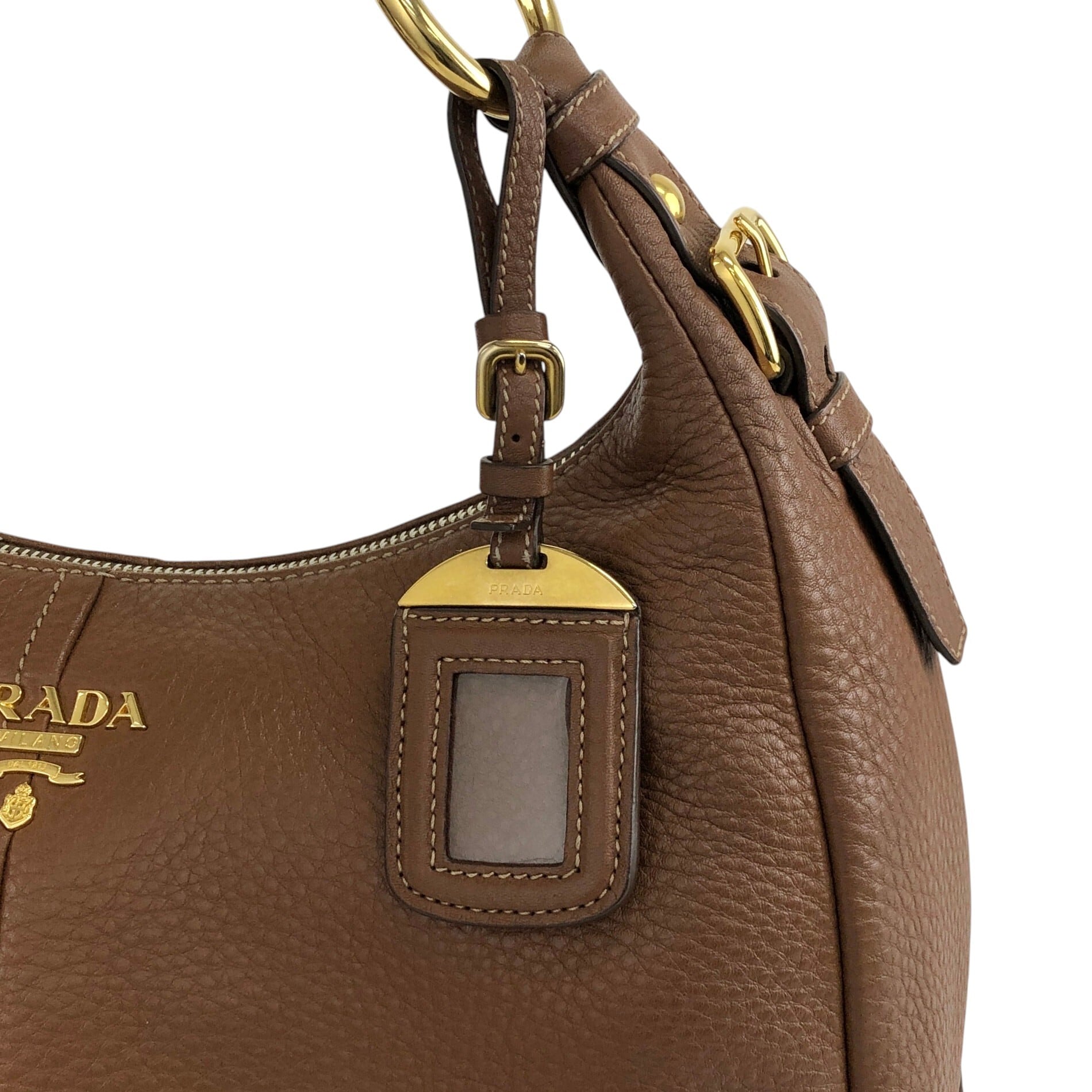 PRADA プラダ ショルダーバッグ ブラウン ロゴ レザー ホーボー