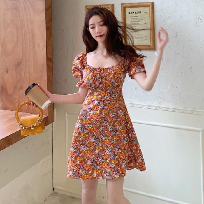 サマースタイルスタンダードスリーブフローラルスカート ウェスト半袖ドレス ショート レトロ ハーフスリーブ 夏物 花柄 ドラファッションホール72712261692