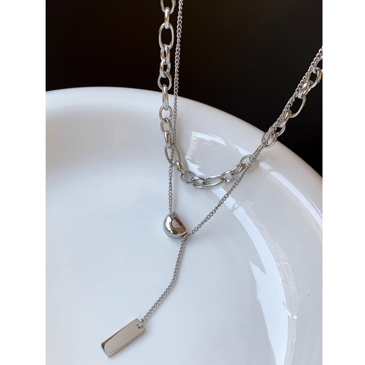 Double metal choker rectangle plate necklace ◇2colors 2106