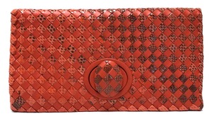 新品同様 ボッテガヴェネタ クラッチバッグ パイソン レザー 二つ折り イントレチャート シープスキン 赤 レッド ミラー付き 本革 BOTTEGA VENETA 【中古】10032096