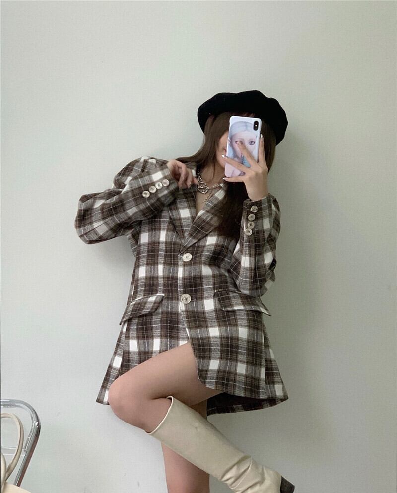 ジャケット スタンダード格子柄スタイルロングルーズスプリング レトロ 春物 ブラックストロベリース96775956493