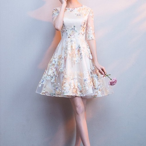 ドレス パーティードレス ミニ丈 5分袖 透け感 花刺繍 レディース 大人可愛い フォーマル きれいめ 結婚式 二次会 お呼ばれ 謝恩会 hin-1050