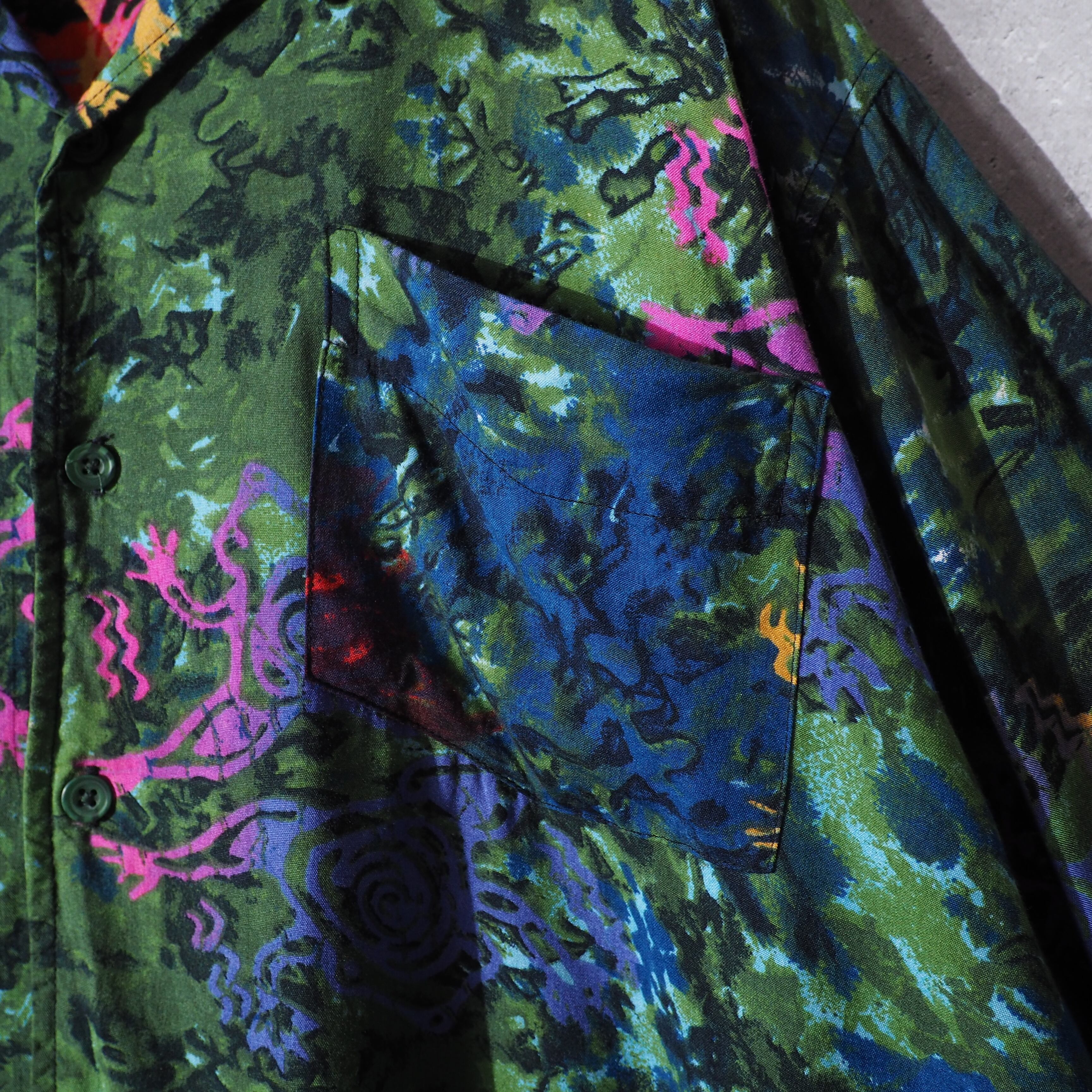 Eethnic richly colored design open collar rayon shirt