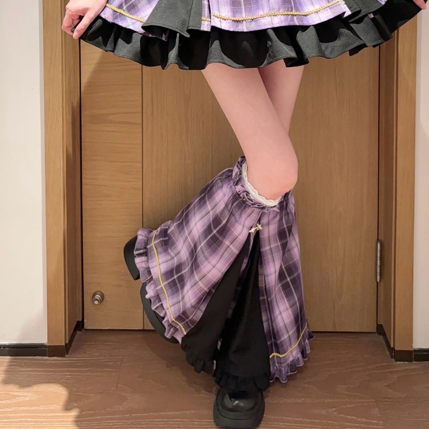 キラキラチェック柄のアイドルステージ チェック柄アイドルレッグカバー|パープル