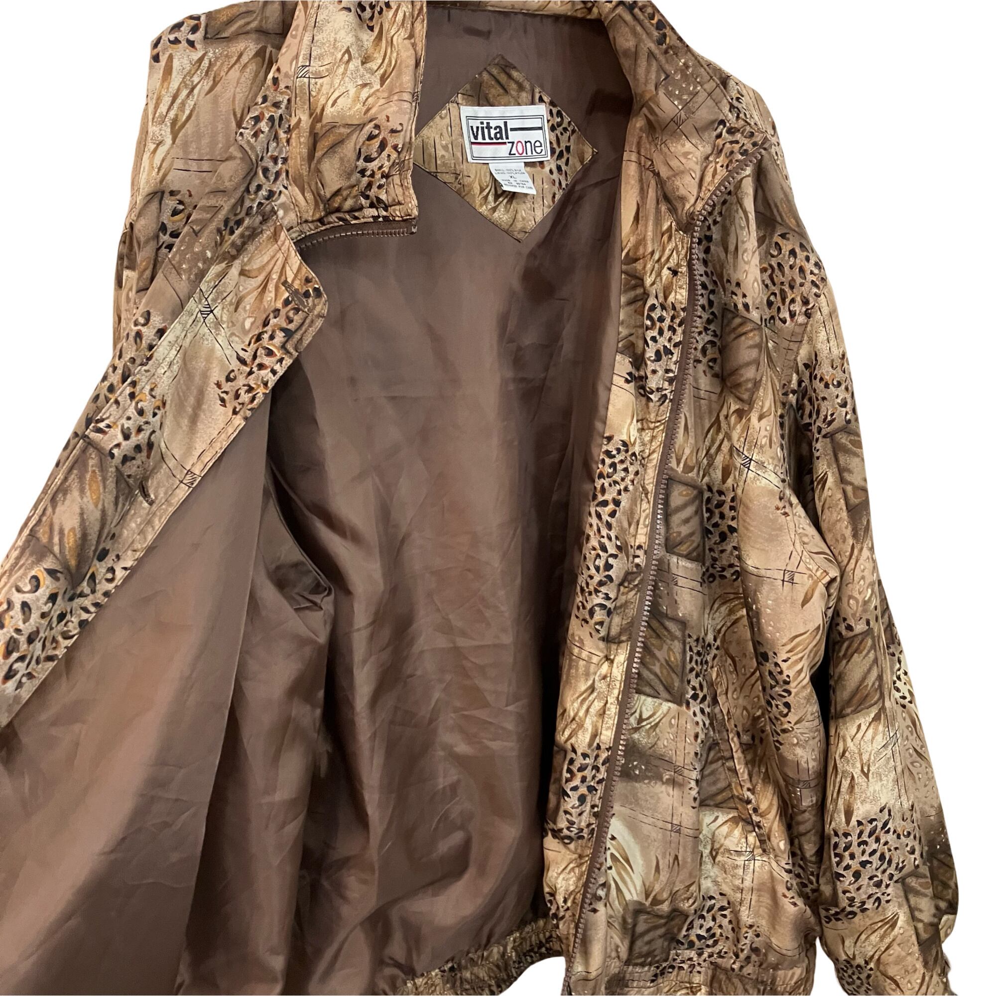 VINTAGE VITAL ZONE Leopard Pattern Silk 100% Zip Blouson Jacket