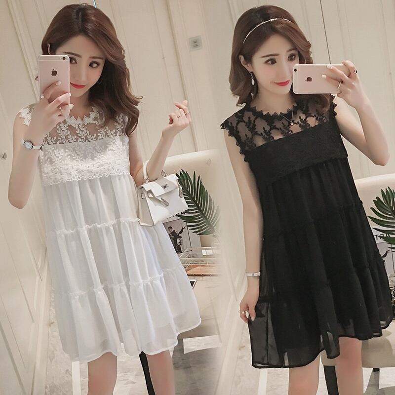 【新作】【送料無料】 Temperamentルーズノースリーブベストスカートステッチレースマタニティドレス裏地付き妊娠中のスカート AL expec367555951252