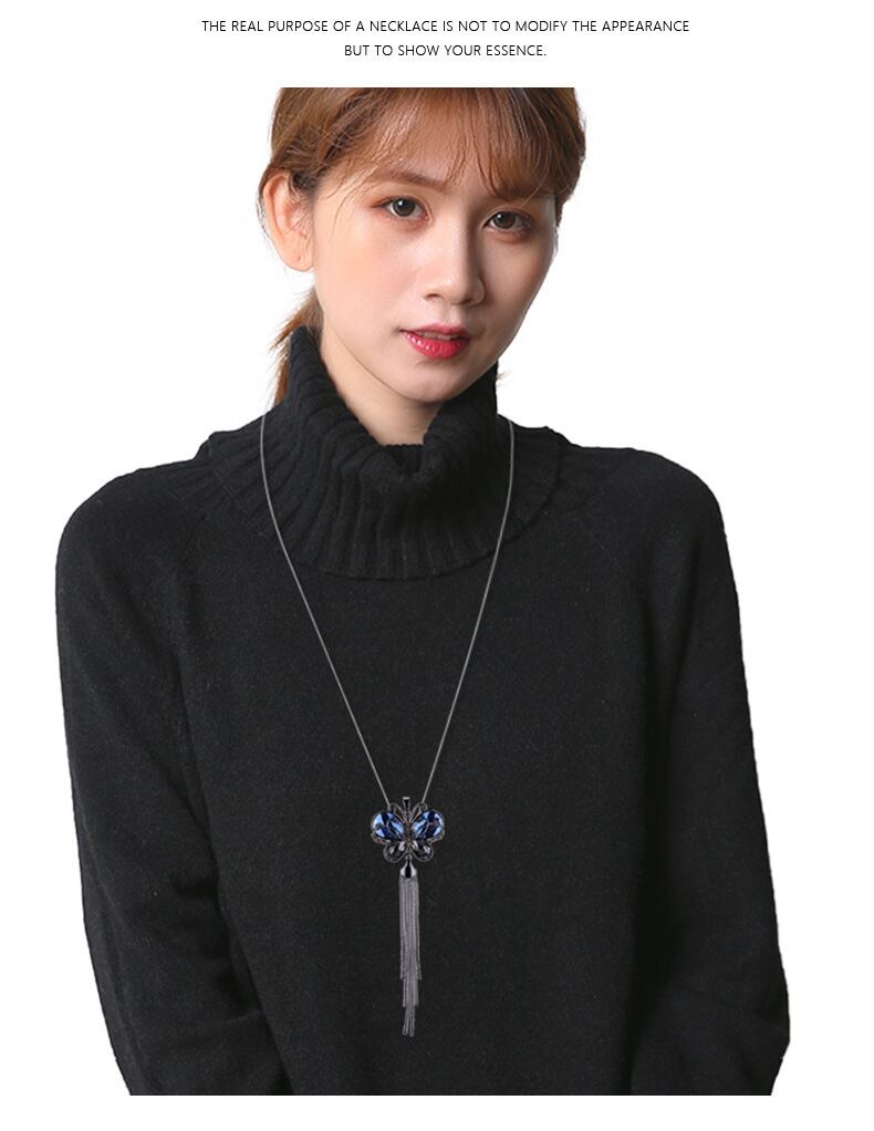冷たい風日本と韓国黒蝶ネックレス女性のニッチなデザインの秋と冬のセーター チェーン ロック ロング ボーン チェーン卸売 義烏ヤチュジュエリー ビーズと天然石のちこ工房