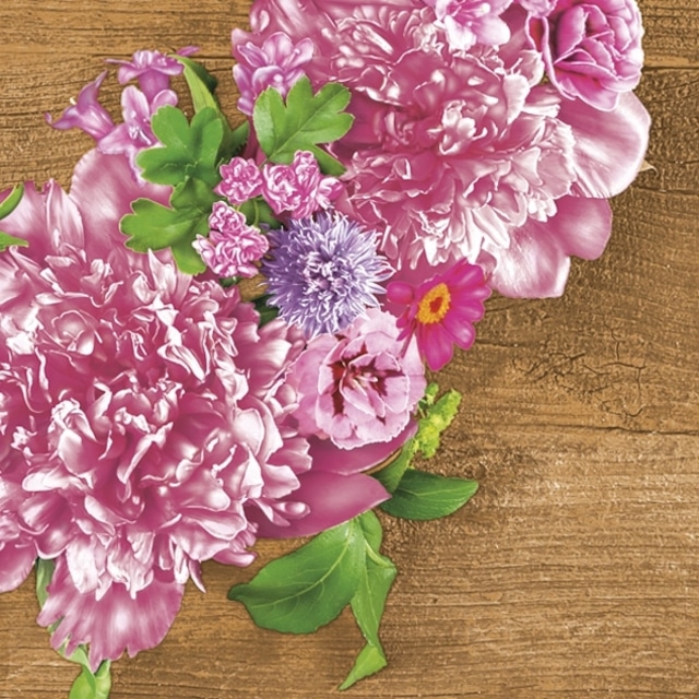 【Maki】バラ売り2枚 ランチサイズ ペーパーナプキン Pink Wreath with Peonies ブラウン