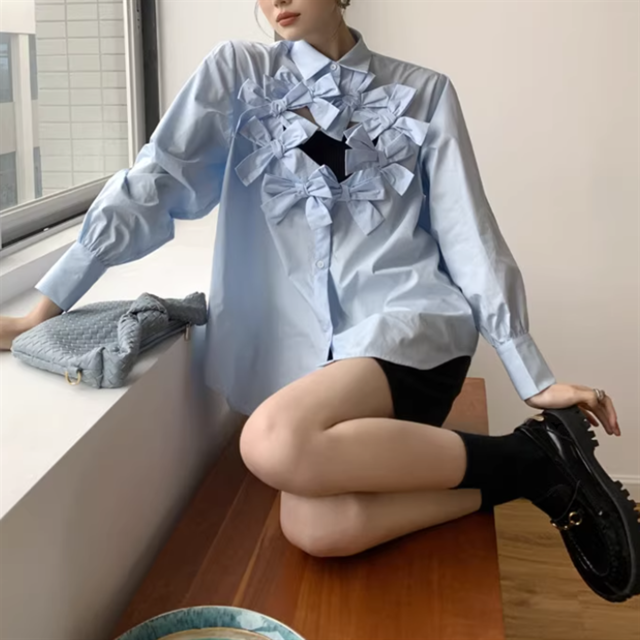 フロントオープンリボンシャツ　3color　10549