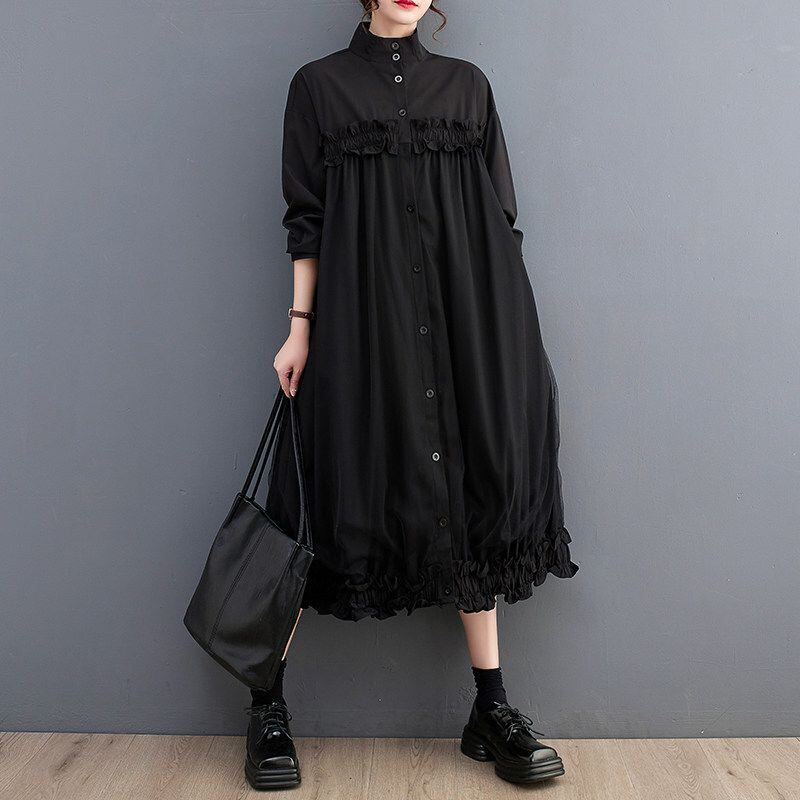 RUFFLED STAND COLLAR RELAXED MIDI SHIRT DRESS M-18217