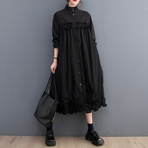 RUFFLED STAND COLLAR RELAXED MIDI SHIRT DRESS M-18217