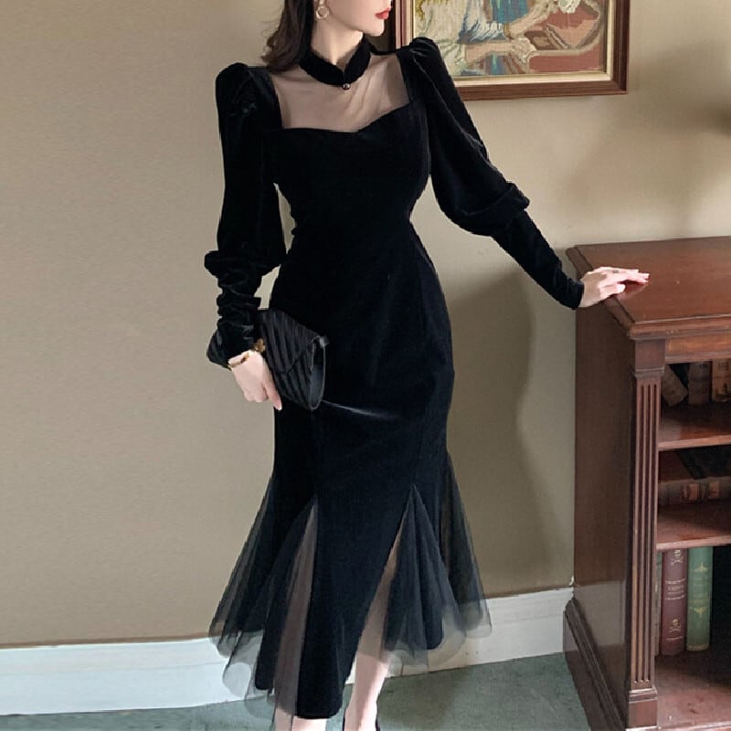ワンピース ロングドレス 黒 パーティードレス チャイナ風 ベルベット 透かし彫り レトロ 視線集中 ブラック S M L Dresszone ワンピース ロングドレス 黒 パーティードレス チャイナ風 ベルベット 透かし彫り レトロ 視線集中 ブラック S M L Dresszone
