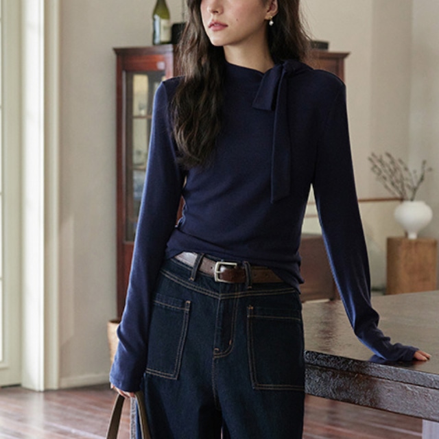 Ribbon tie collar knit tops 00152