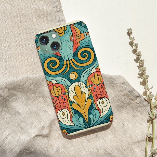 受注生産 iPhoneケース 渦巻きと花のサイケ民芸｜フォークアート PSYF007B