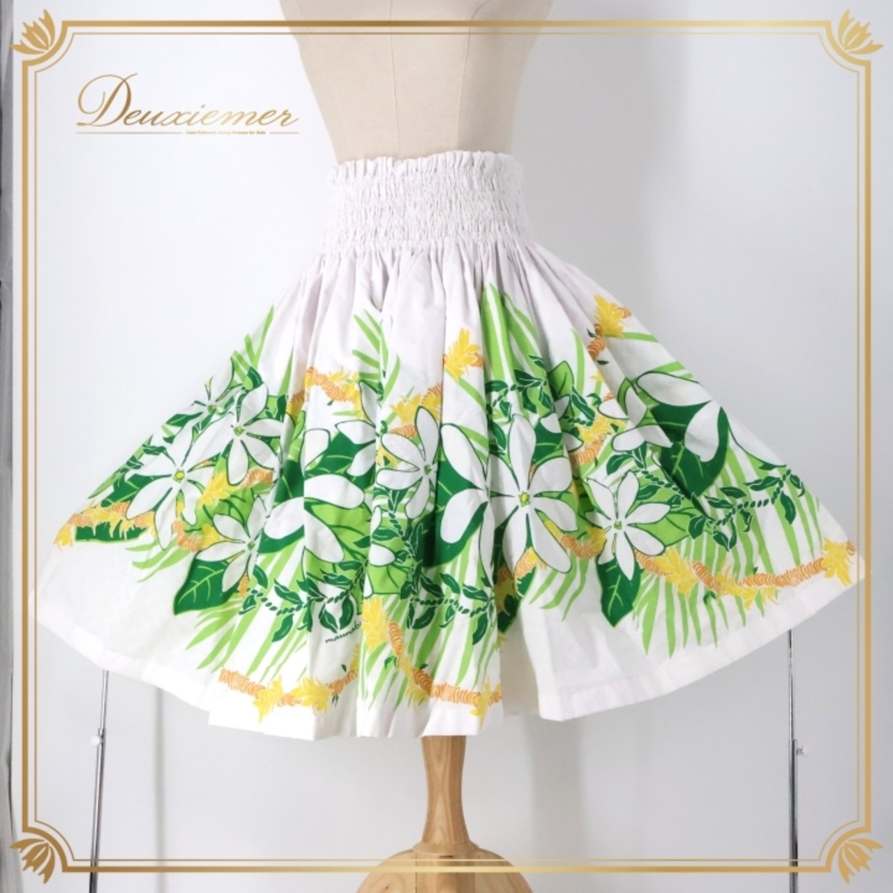 フラダンス 衣装 パウスカート ホワイト系 エムエムジェイ 日本製 ティアレ柄 ハワイアンプリント アロハ フラ ダンス レッスン 練習 花柄 植物柄 さわやか 華やか 鮮やか かわいい おしゃれ 上品 シングル スカート グリーン系 イエロー系 オレンジ系 白 緑 黄緑 黄 橙 リゾート 女性用 かわいらしい