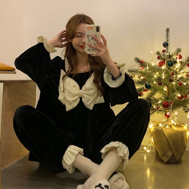 レディースオータムウィンターベルベットカジュアルセット 大人ガーリー スウィート キュート 秋物 冬物 ブラックストロベリース38350796170