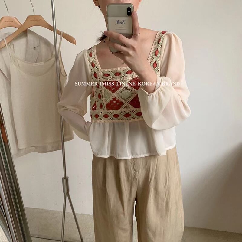 カラーシャツ サマーショートスタンダードプルオーバー トップス ロング レトロ 夏物 スクウェア ステッチ ビッグFスモールZ韓国3769813511