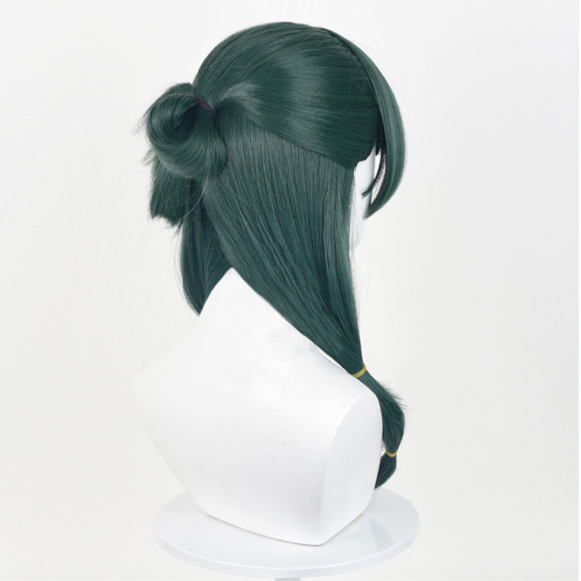 コスプレ耐熱ウィッグ ダークグリーン セミロング 二つ結び お団子