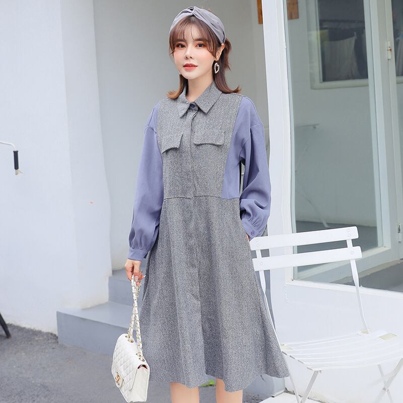 【新作】【送料無料】 マタニティウェア2019秋バージョンの新しいファッションラペルステッチ偽のツーピースルーズプラスサイズのマタニティドレストレンド-アリババ 大きめサイズ オータム 秋物 expec29577472884