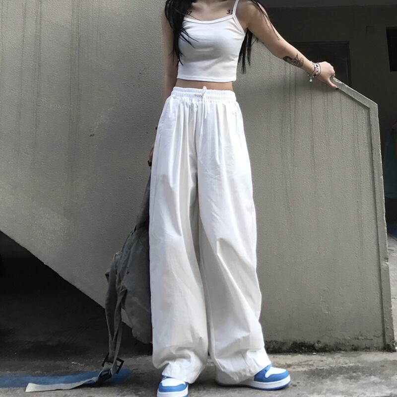 ルーズホワイトパンツ サマーハイウェストウェストワイドレッグレッドカジュアルスタイル薄手 夏物 ワイドパンツ スーパーモール65758934004