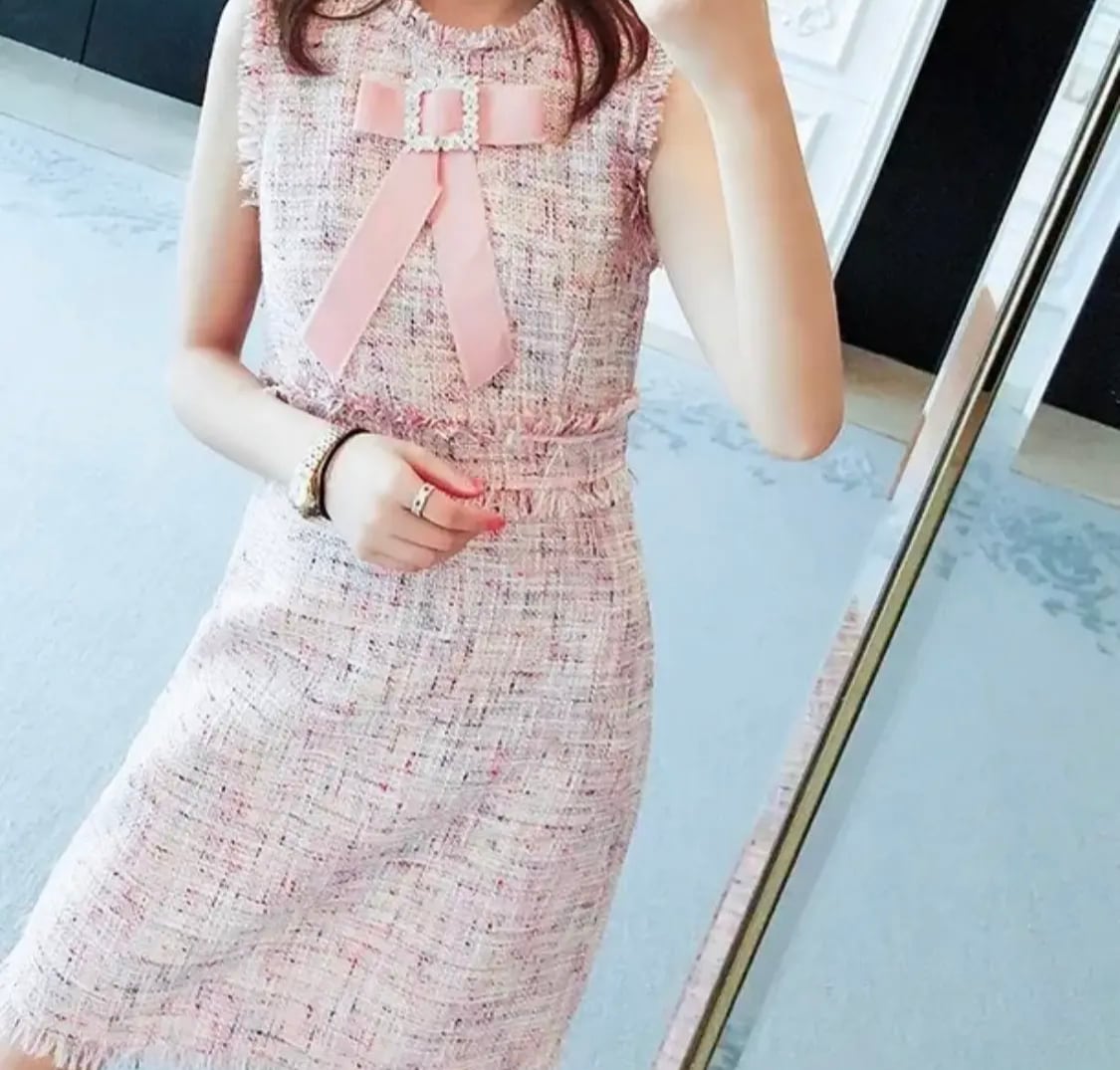 リボンノースリーブピンクツイードワンピース Lilycloset ファッション通販 リボンノースリーブピンクツイードワンピース Lilycloset ファッション通販