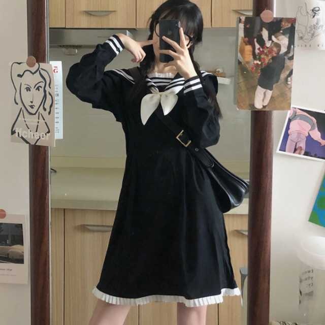 入荷待ち セーラー風ワンピース ワンピース レディース 長袖 セーラー服 ショートワンピース ショート丈 フレアワンピース フリル 大人かわいい 着痩せ 痩せ見え 夢かわ セットアップやパンツドレスなど二次会ドレスに合う海外ファッションサイト Urubei