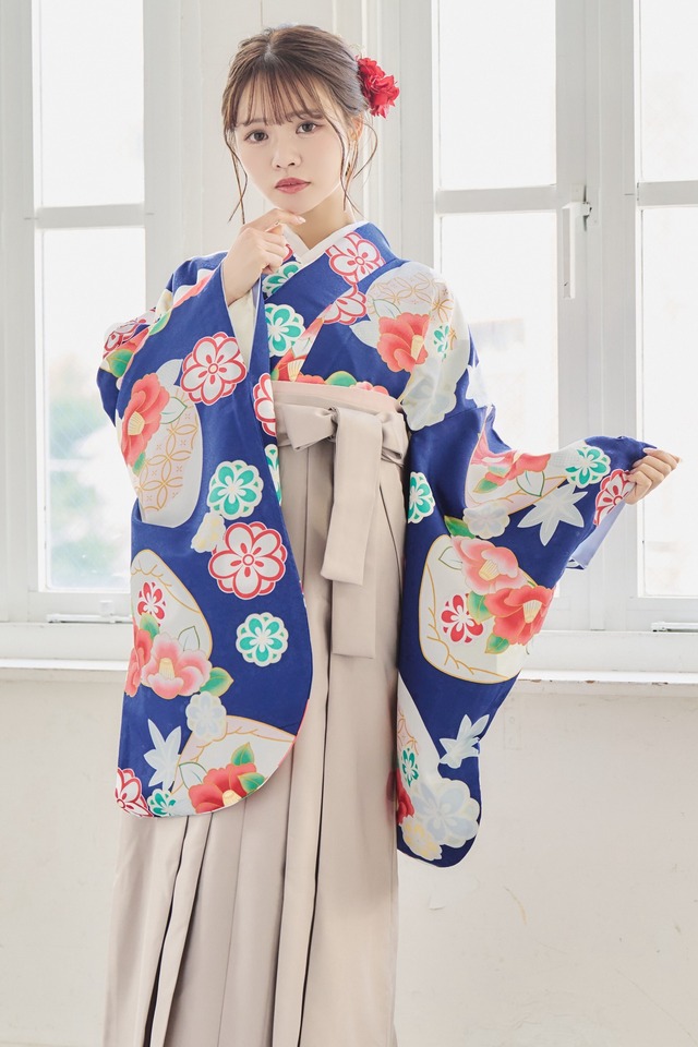 【袴3点SET】紺の遠州椿赤色(紺地)30MC