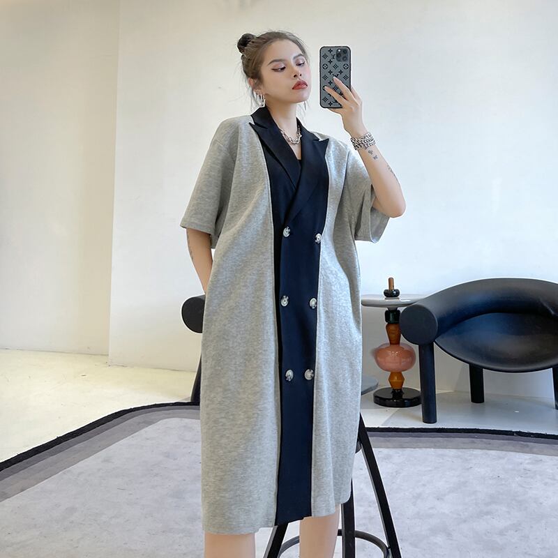 グレーカラードレス サマーダブルブレストルーズロングスカート 夏物 ステッチ ラブタオタオダレンハウス33951234671