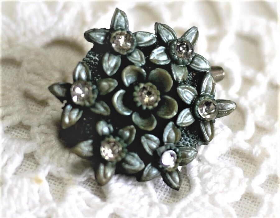 アンティーク 古い樹脂 花ブローチ ラインストーン フランス