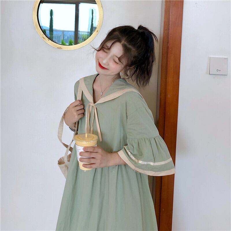 2color セーラーワンピース セーラー襟 フレア袖ワンピース 学生服風ワンピース ｊｋ風 コスプレ 双子コーデ グリーン オレンジ ガーリー ワンピース ｒ７２６ Rumina Select Shop