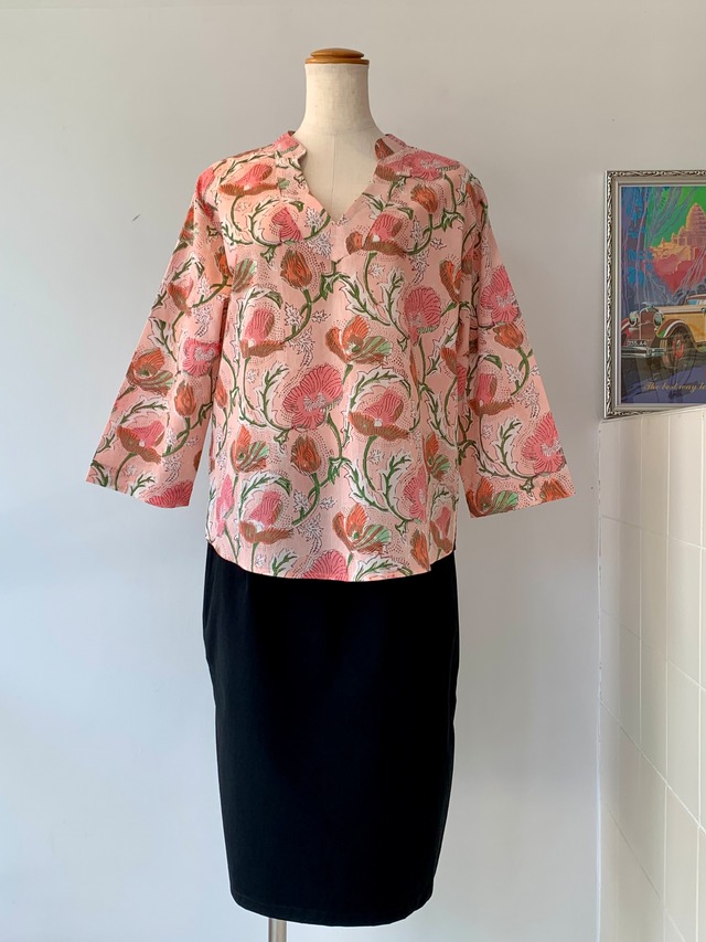 シャツ　春夏ファッション　涼しい　ピンク　インド綿　ブロックプリント　