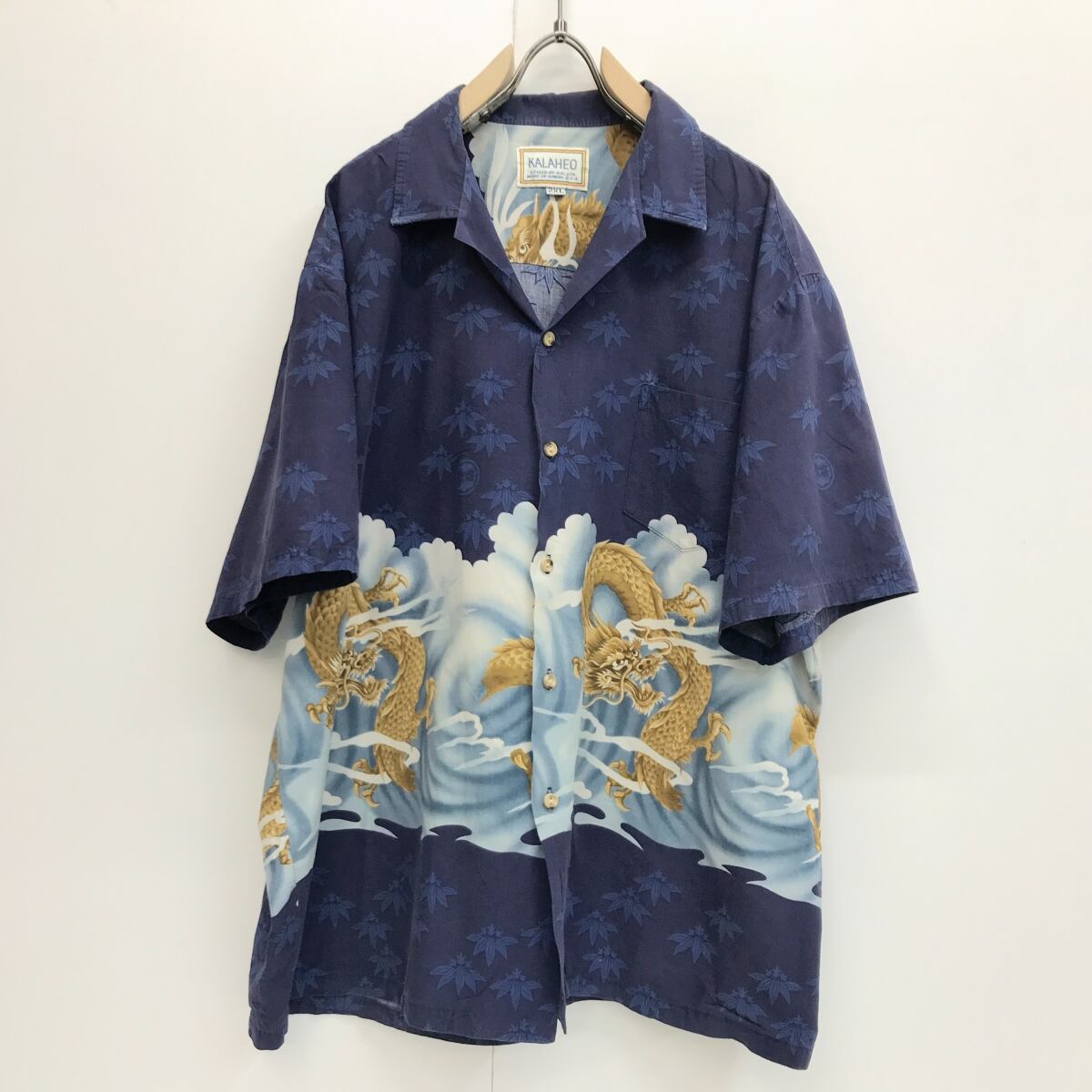 90年代シルクアロハシャツ　和柄　龍柄　ココナッツボタン