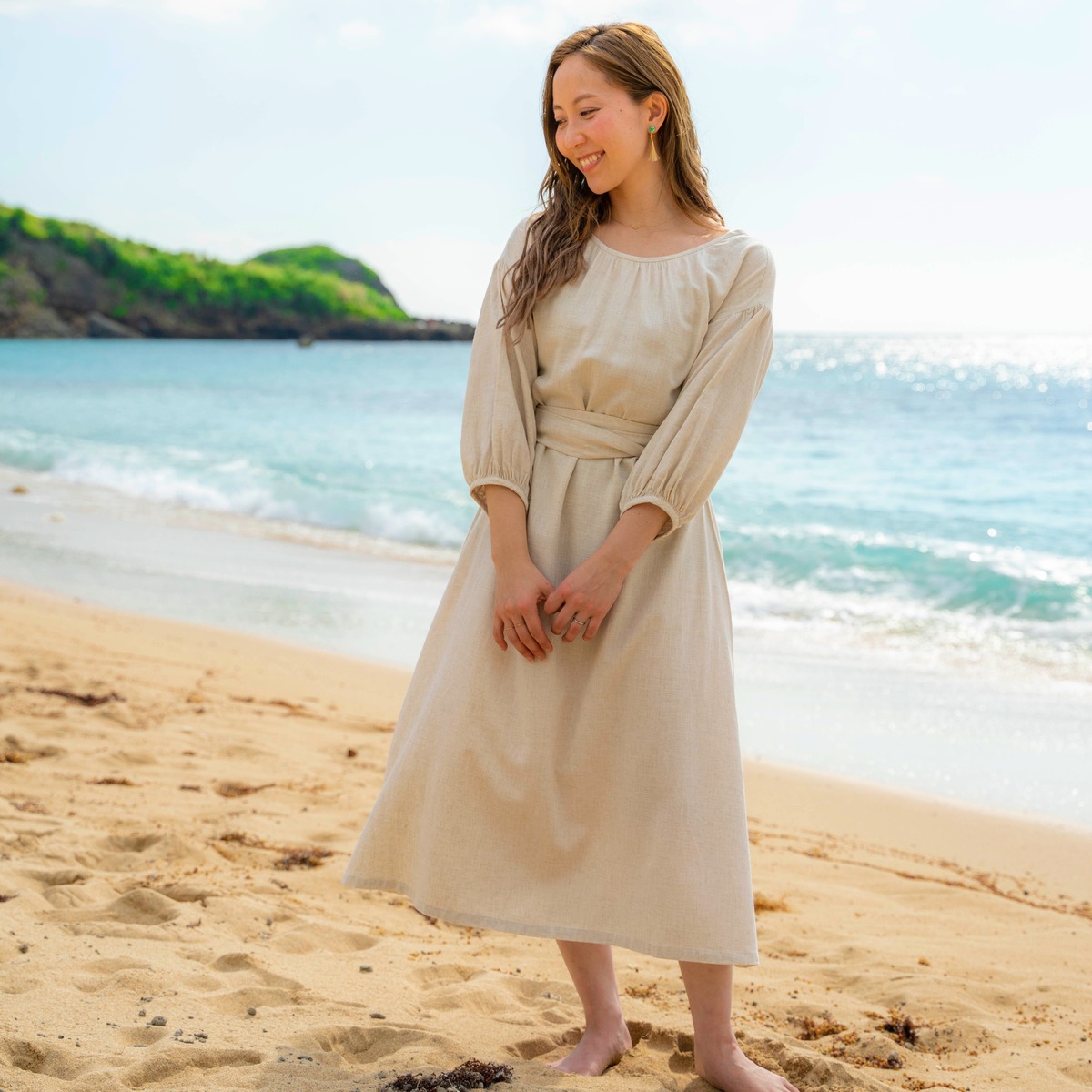 後ろリボンワンピース 布ベルト付き＊ヘンプシルク＊natural(生成 
