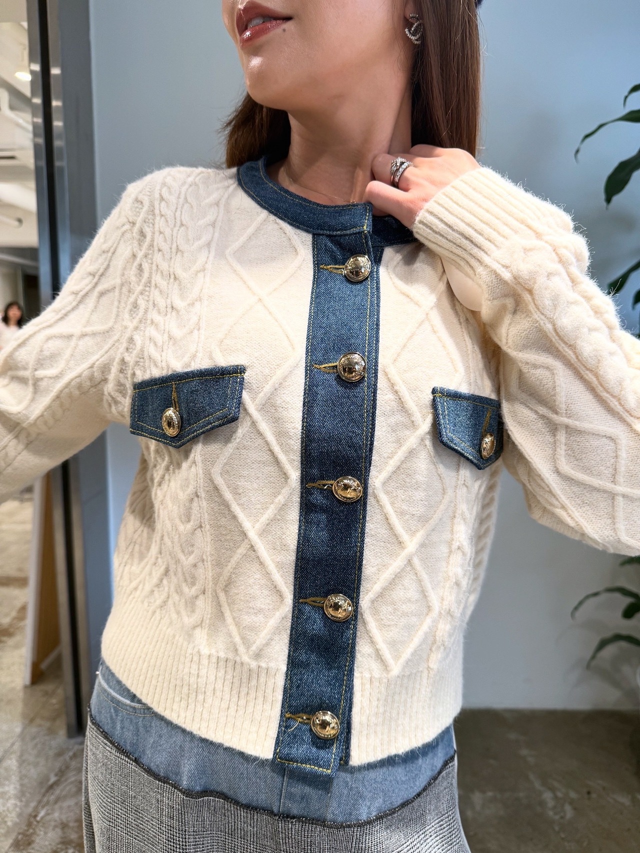 エイミーロウ  Eimee Law ニット×デニムMIX編みカーデ