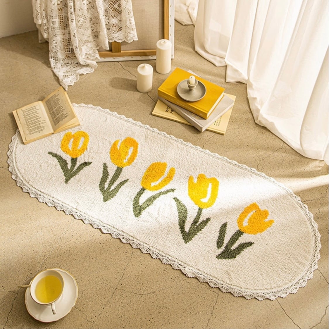 Tulip Lace Soft Kitchen Mat Yellow アンティーク調 チューリップ キッチンマット レーズ ラグ 韓国 北欧 雑貨 Tokki Maeul トッキマウル 韓国雑貨通販サイト