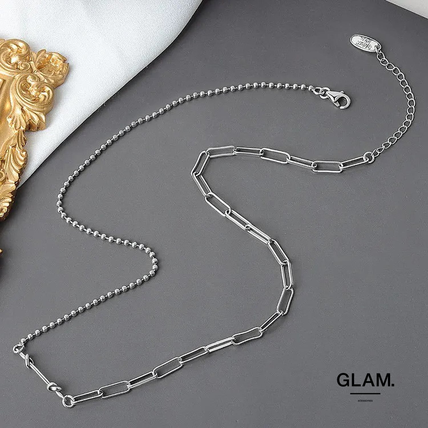 AMI スターリングシルバープレーテッド ブラス ネックレス ミックスチェーンノット ネックレス シルバー | 金属アレルギー