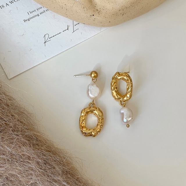 gold square×freshwater pearl pierce K522