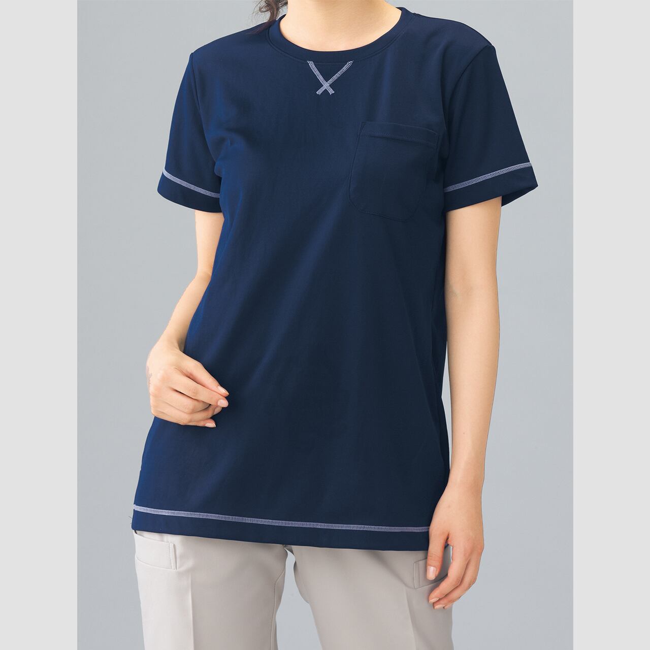 FY-3001【ネイビー】介護ユニフォーム レディース 後ろポケットTシャツ