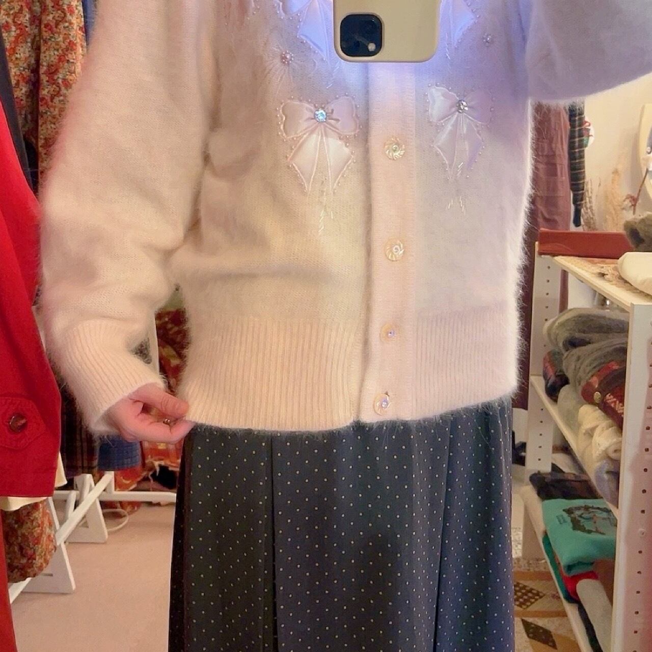 many ribbon angora knit cardigan