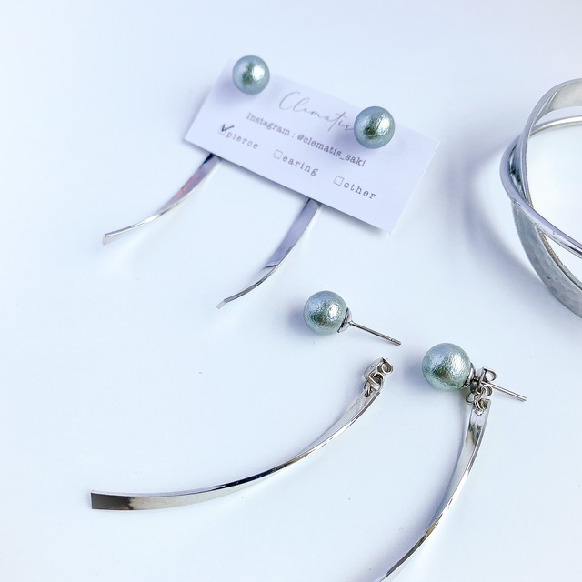 ◇P-13 2way カーキコットンパールピアス