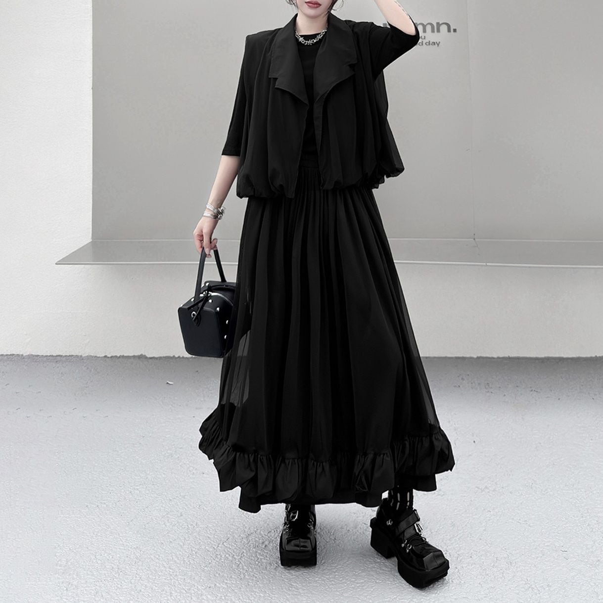 MESH PANEL SLEEVELESS VEST AND MIDI SKIRT SETUP M-17758