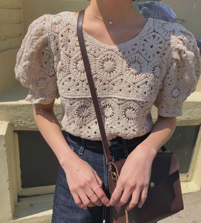 送料無料 上品トップス 大人可愛い レトロ ガーリー パフスリーブ フラワー 編み レース 半袖 トップス Lamitte Deco トレンド 韓国ファッション ショップ Base店