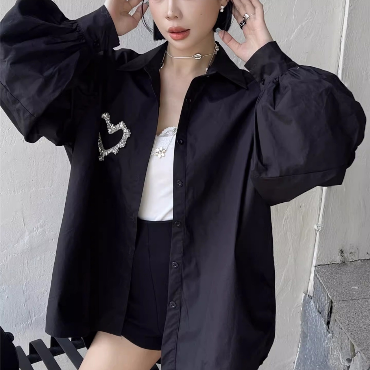 Puff sleeve shirt heart and rhinestone (ME322)