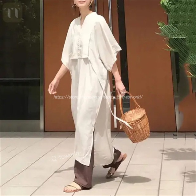 カジュアル　無地 五分袖 エレガント ロング　マキシワンピース 可愛い 韓国レディース　ファッション